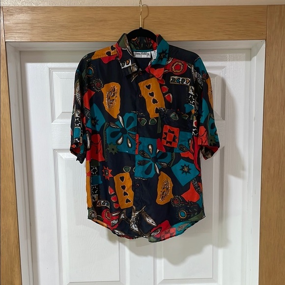 Vintage Jane Ashley Shirt Button Up Silk Short Sleeve Floral Hawaiian Size M - Picture 2 of 12